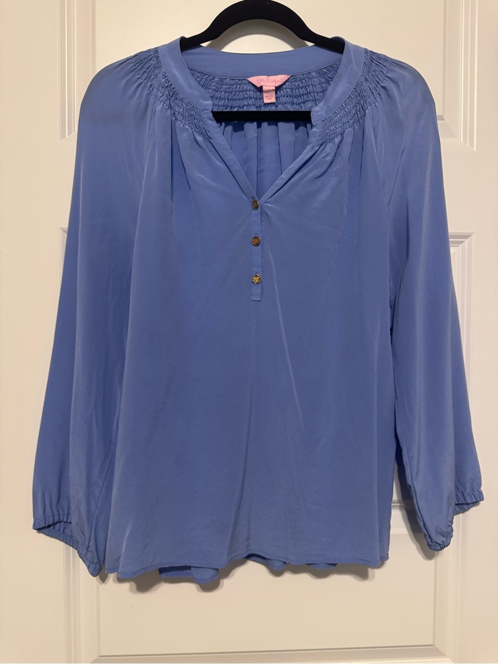 Lilly Pulitzer Elsa Top Lavender/Blue, Silk with gold colored buttons